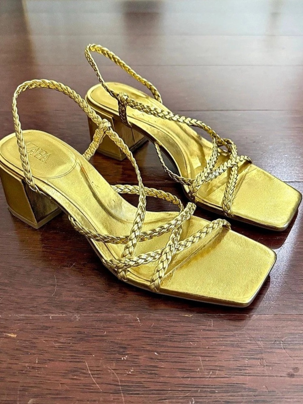 Zara Gold Braided Strap Block Heel Sandals